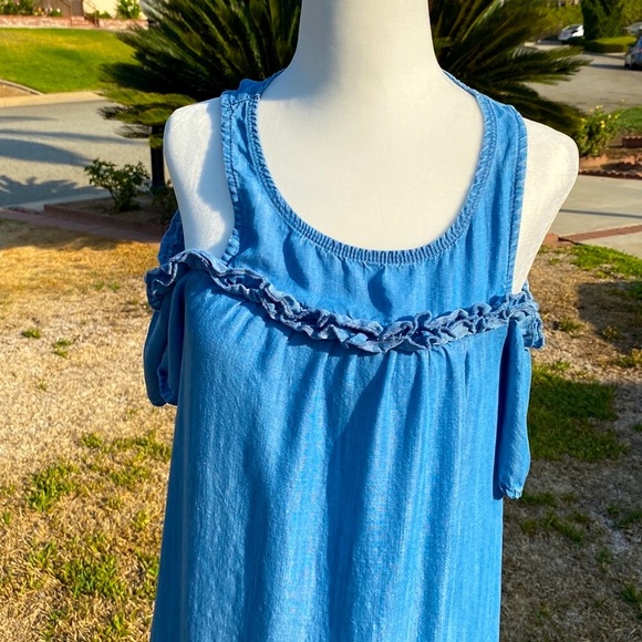BLUE DENIM MIDI DRESS  LC LAUREN CONRAD SHIFT XS OFF SHOULDER faux DENIM… - Picture 1 of 11